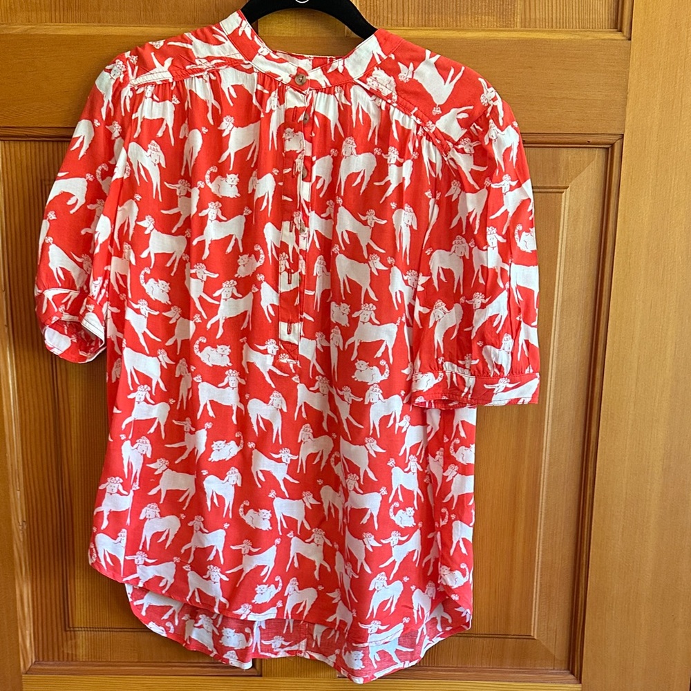 Anthropologie coral patterned blouse with dogs and cats - size small